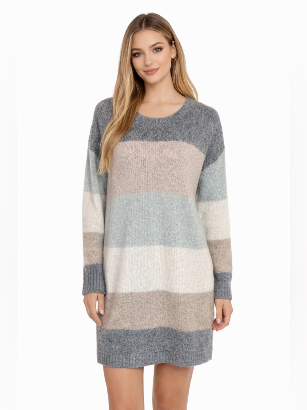 Entro Colorblock Sweater Dress Medium Soft Knit Cozy Neutral Striped Long Sleeve